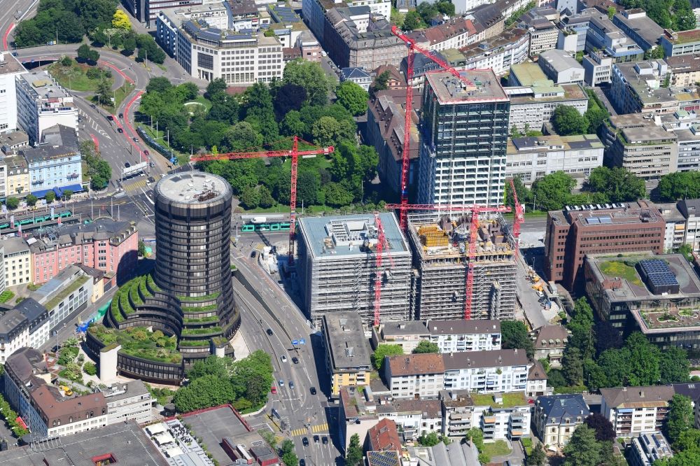 Basel from the bird's eye view: Construction site for new high-rise building Baloise and the BIC Tower ( Bank for International Settlements ) in Basle, Switzerland
