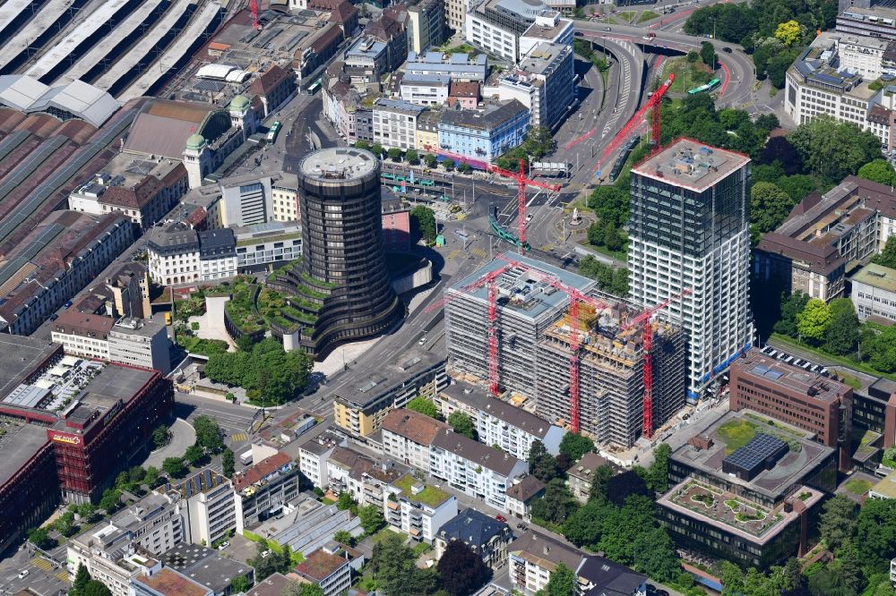 Basel from the bird's eye view: Construction site for new high-rise building Baloise and the BIC Tower ( Bank for International Settlements ) in Basle, Switzerland