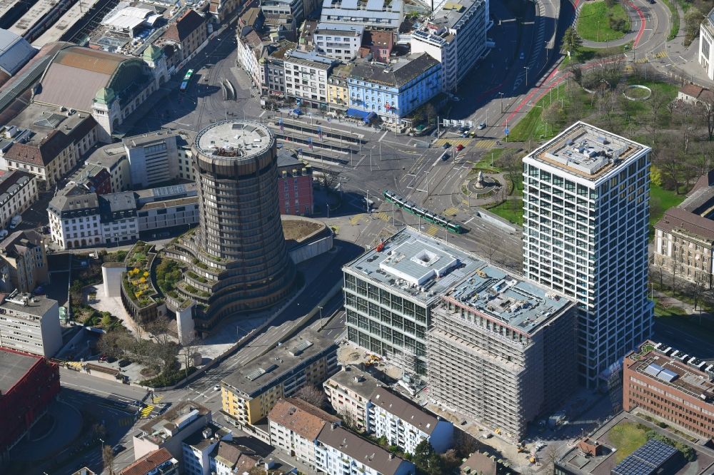 Basel from the bird's eye view: Construction site for new high-rise building Baloise and the BIS Tower ( Bank for International Settlements ) in Basle, Switzerland