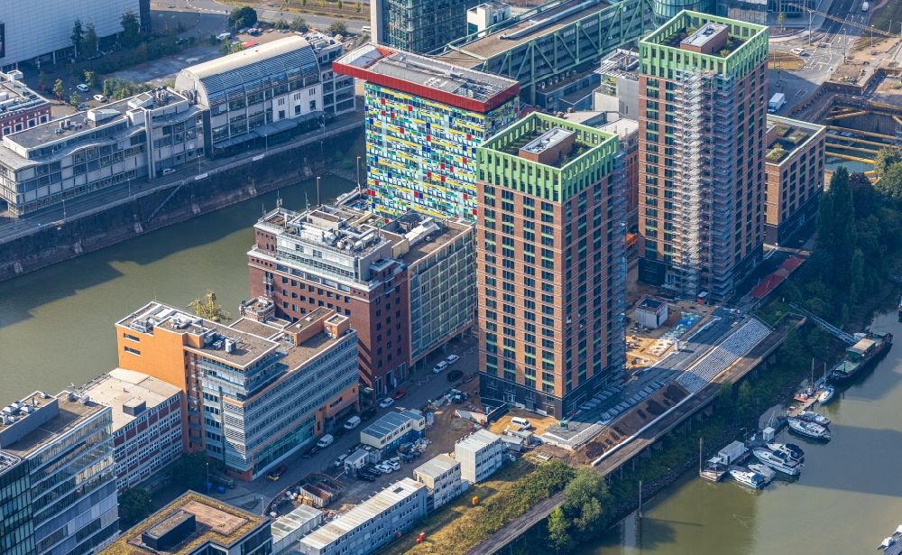Aerial image Düsseldorf - Construction site for new high-rise building complex Duesseldorfer Heimathafen of the project WIN WIN on Speditionstrasse in Duesseldorf in the state North Rhine-Westphalia, Germany