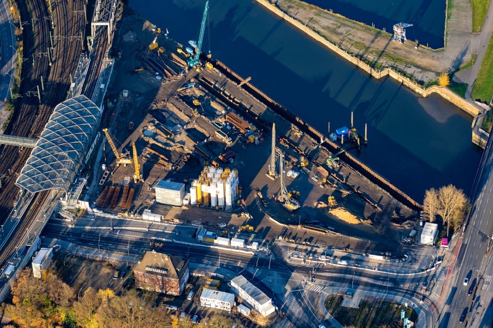 Aerial photograph Hamburg - Construction site for new high-rise building complex Elbtower on Zweibrueckenstrasse between Oberhafenkanal and Norderelbe in the district HafenCity on Baakenhafen in Hamburg, Germany