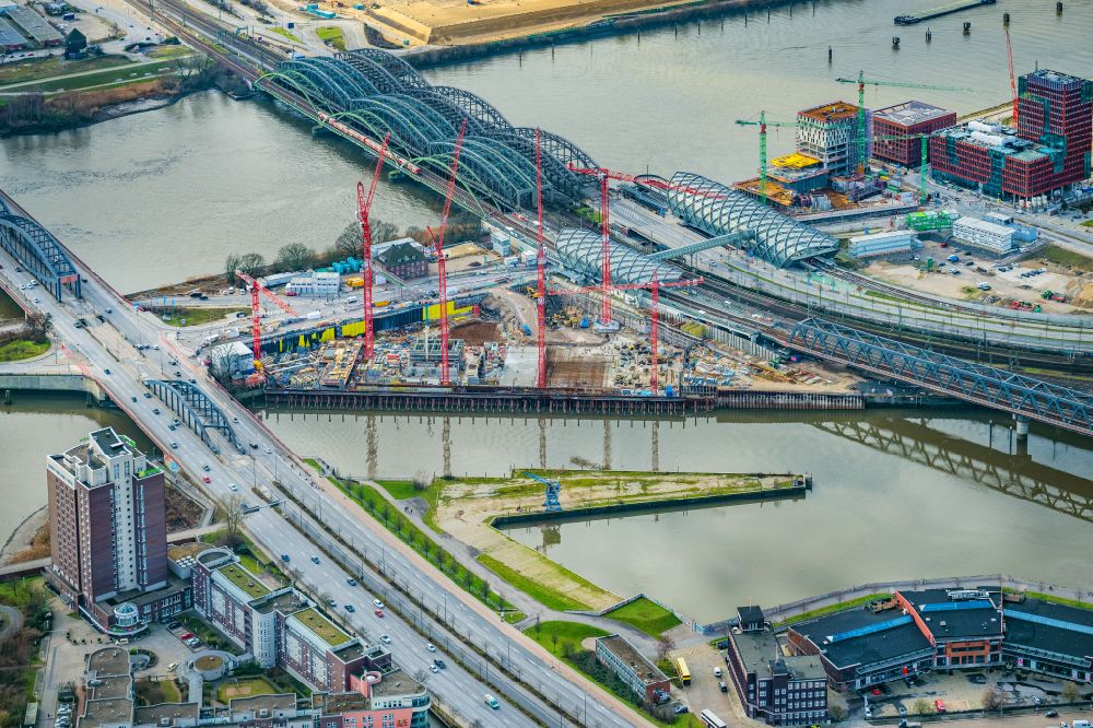 Hamburg from above - Construction site for new high-rise building complex Elbtower on Zweibrueckenstrasse between Oberhafenkanal and Norderelbe in the district HafenCity in Hamburg, Germany