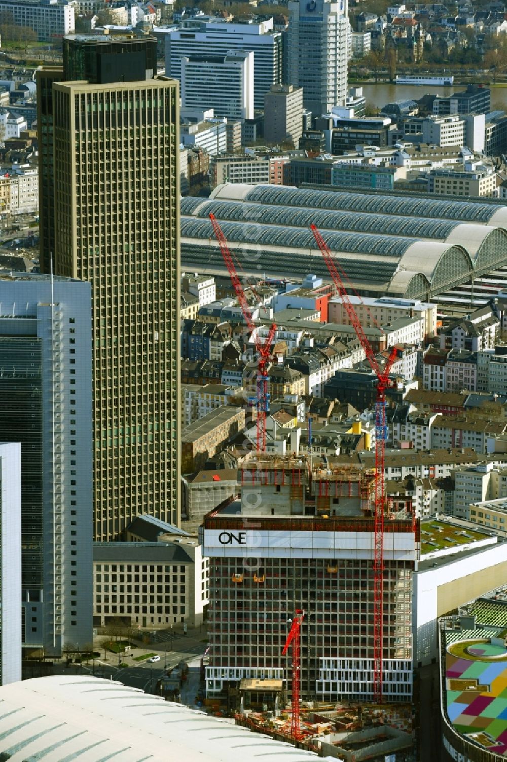 Frankfurt am Main from above - Construction site for new high-rise building complex Tower One in the district Gallus in Frankfurt in the state Hesse, Germany