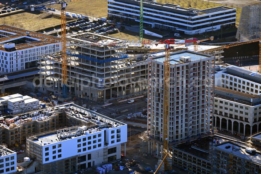 Aerial photograph München - Construction site for new high-rise building complex on street Hildegard-Hamm-Bruecher-Strasse - Mahatma-Gandhi-Platz - Amalie-Nacken-Strasse in the district Freiham in Munich in the state Bavaria, Germany
