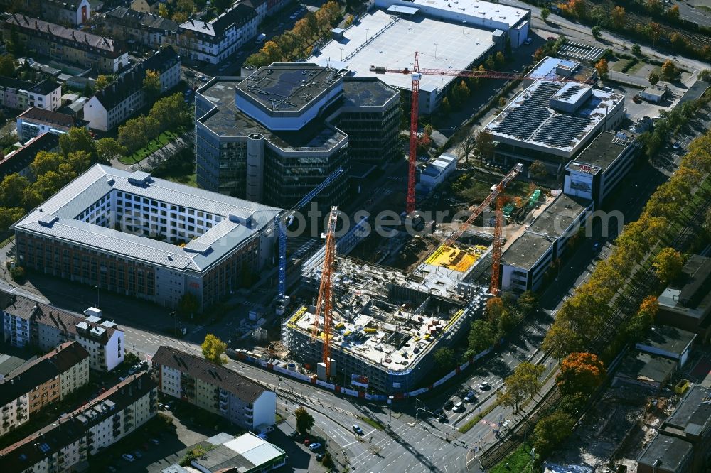 Mannheim from the bird's eye view: Construction site for new high-rise building complex Rollbuehlstrasse corner Kallstadter Strasse in the district Kaefertal in Mannheim in the state Baden-Wuerttemberg, Germany