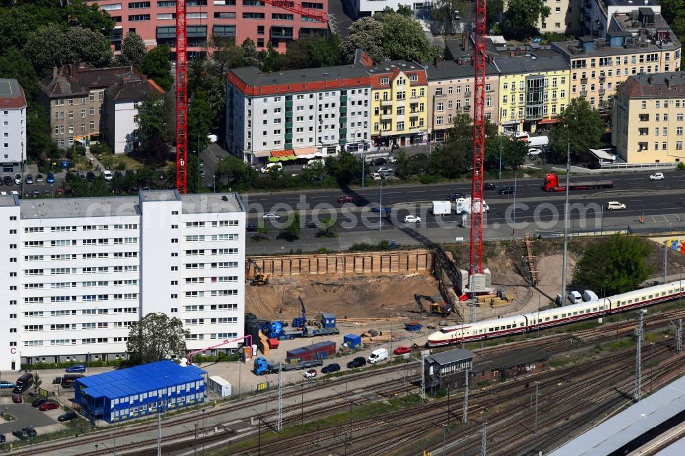 Berlin from above - Construction site for new high-rise building complex Q218 on Frankfurter Allee in the district Lichtenberg in Berlin, Germany