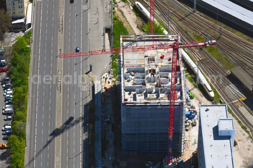 Berlin from above - Construction site for new high-rise building complex Q218 on Frankfurter Allee in the district Lichtenberg in Berlin, Germany