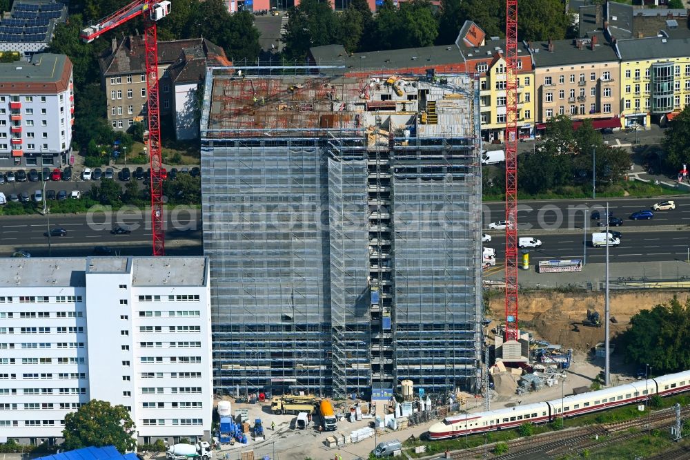 Berlin from the bird's eye view: Construction site for new high-rise building complex Q218 on Frankfurter Allee in the district Lichtenberg in Berlin, Germany