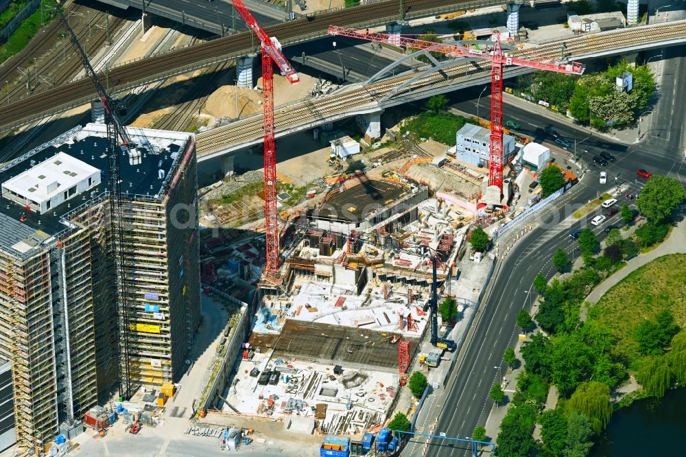 Aerial image Berlin - Construction site for new high-rise building complex Upbeat on street Heidestrasse in the district Moabit in Berlin, Germany