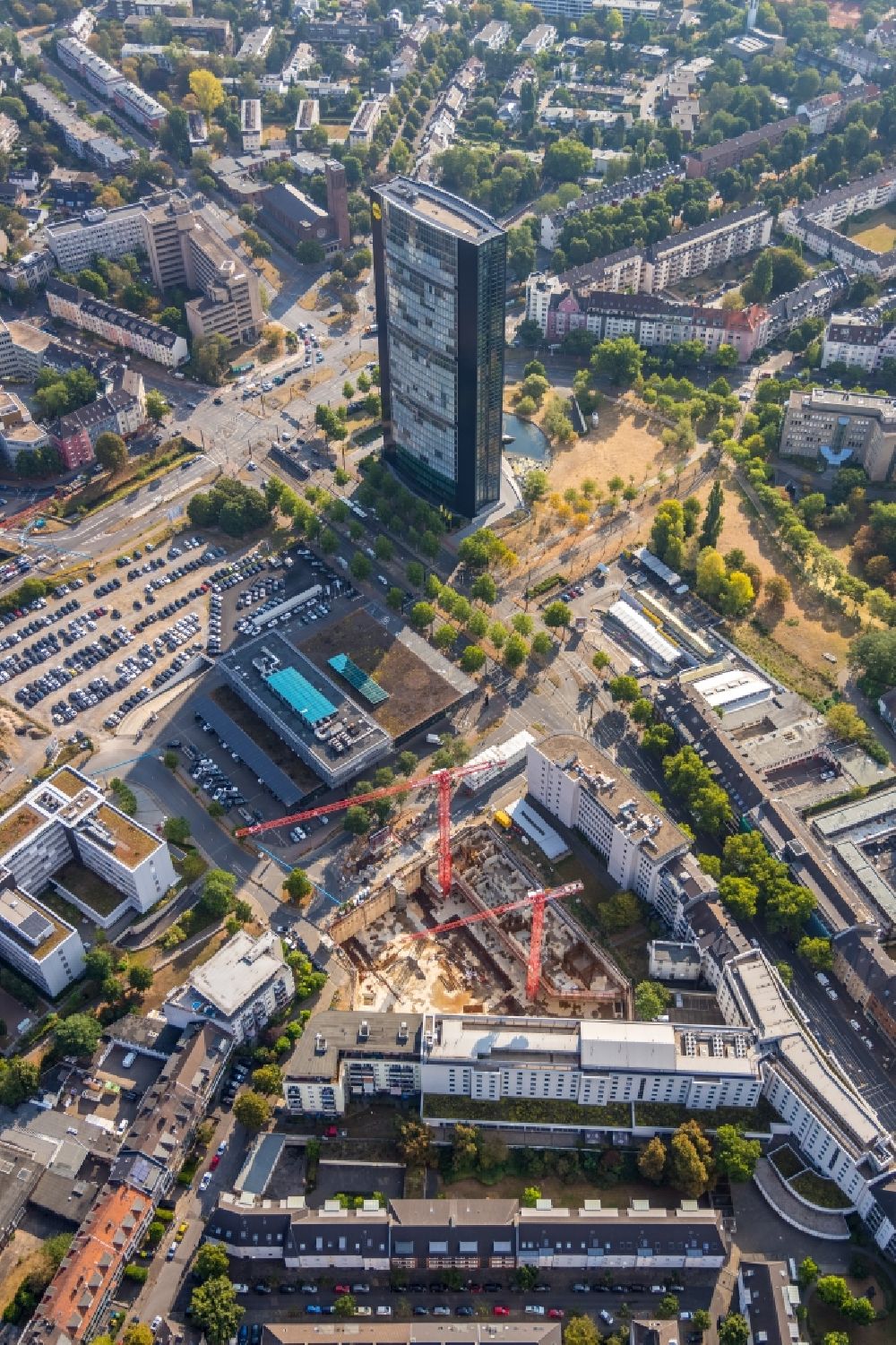 Düsseldorf from above - Construction site for new high-rise building complex of UpperNord Tower on Mercedesstrasse in the district Duesseltal in Duesseldorf in the state North Rhine-Westphalia, Germany