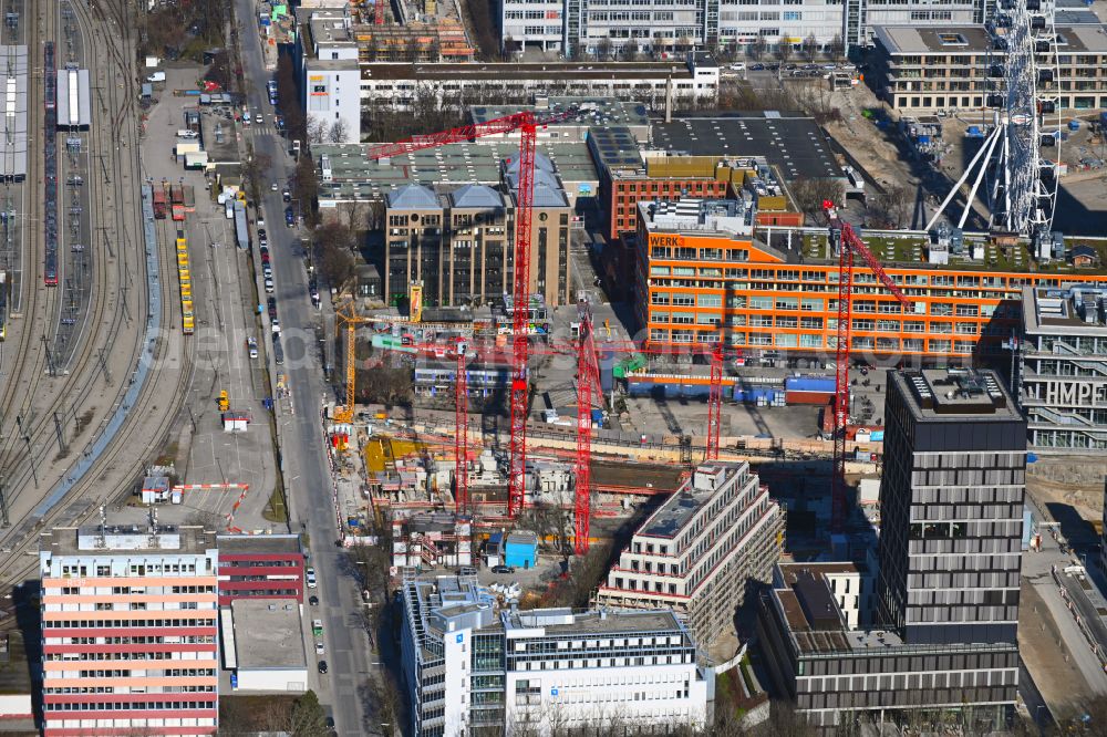 München from the bird's eye view: Construction site for new high-rise building complex on Friedenstrasse in Werksviertel in the district Berg am Laim in Munich in the state Bavaria, Germany