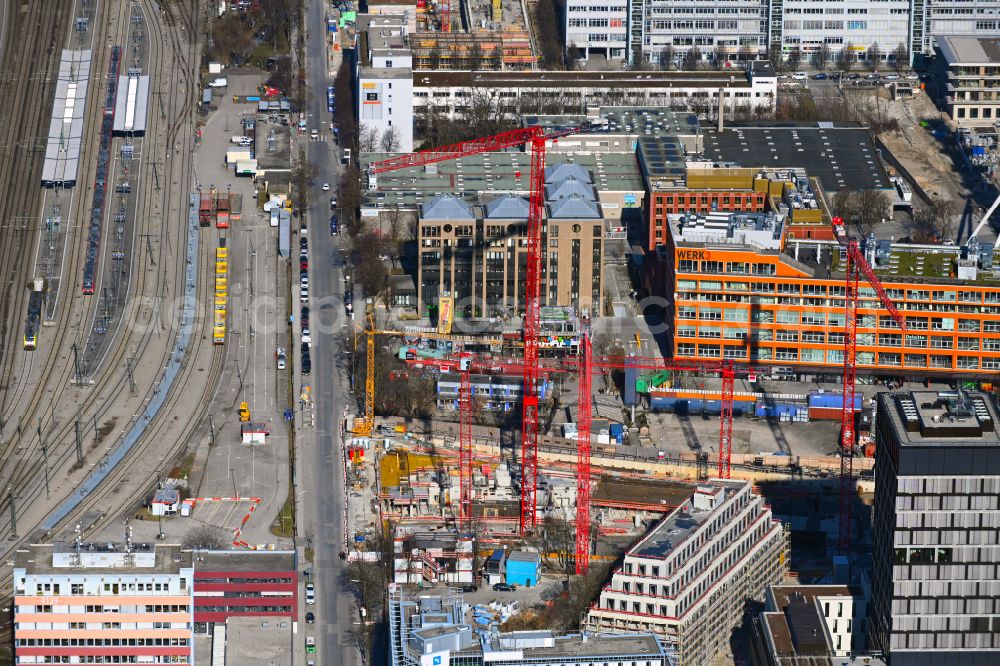 Aerial image München - Construction site for new high-rise building complex on Friedenstrasse in Werksviertel in the district Berg am Laim in Munich in the state Bavaria, Germany