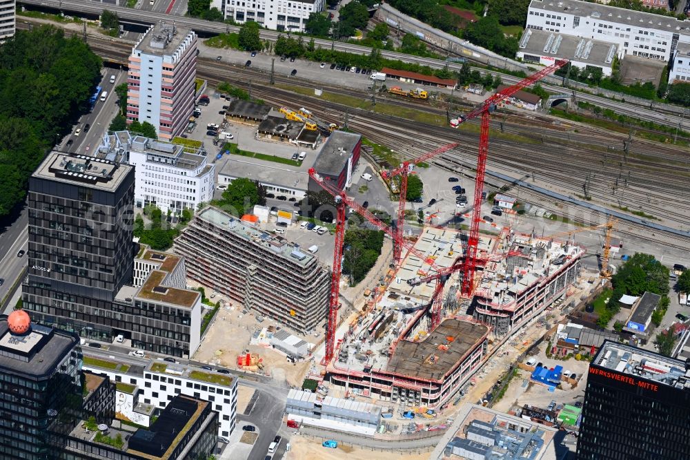 Aerial photograph München - Construction site for new high-rise building complex on Friedentrasse in Werksviertel in the district Berg am Laim in Munich in the state Bavaria, Germany