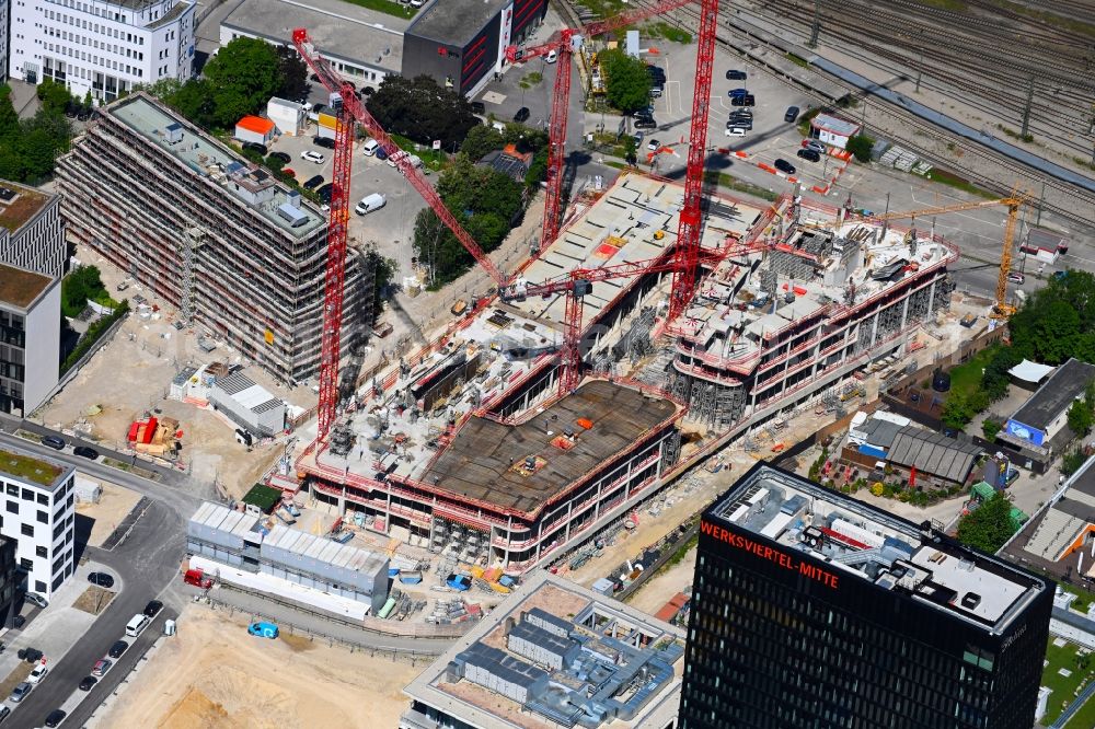 München from above - Construction site for new high-rise building complex on Friedentrasse in Werksviertel in the district Berg am Laim in Munich in the state Bavaria, Germany