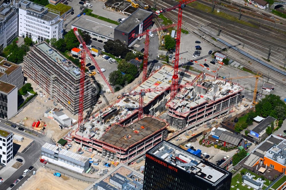 München from the bird's eye view: Construction site for new high-rise building complex on Friedentrasse in Werksviertel in the district Berg am Laim in Munich in the state Bavaria, Germany