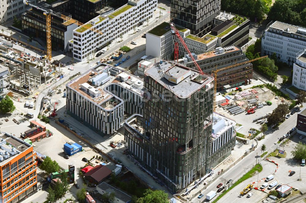 Aerial photograph München - Construction site for new high-rise building complex on Friedenstrasse in Werksviertel in the district Berg am Laim in Munich in the state Bavaria, Germany