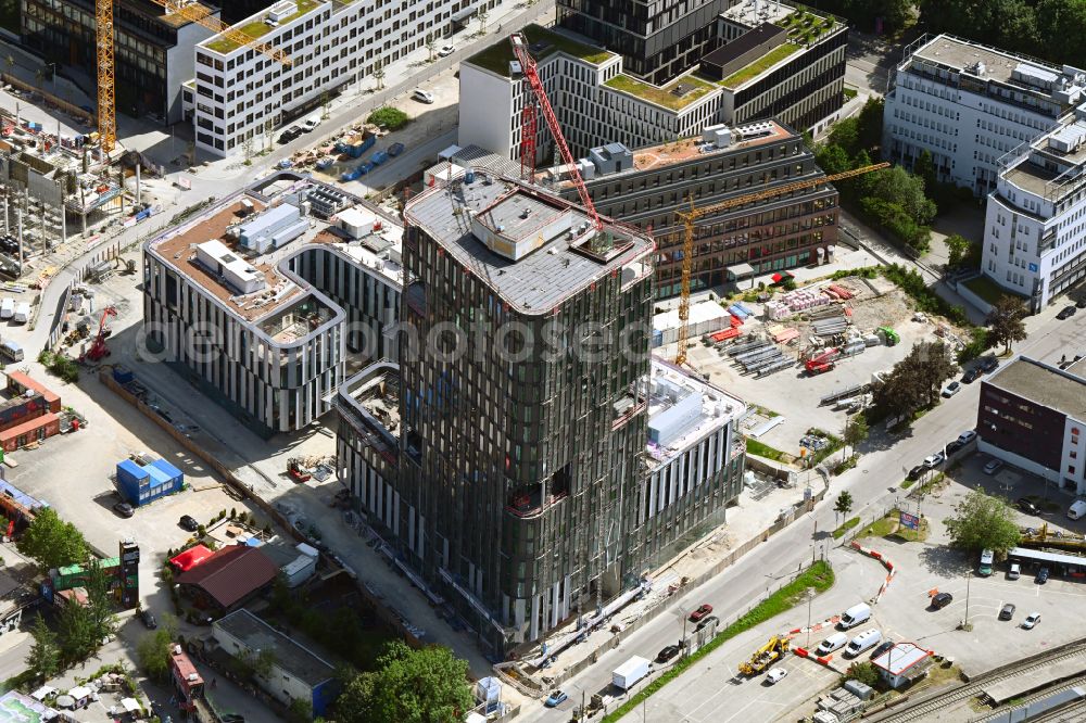 München from above - Construction site for new high-rise building complex on Friedenstrasse in Werksviertel in the district Berg am Laim in Munich in the state Bavaria, Germany