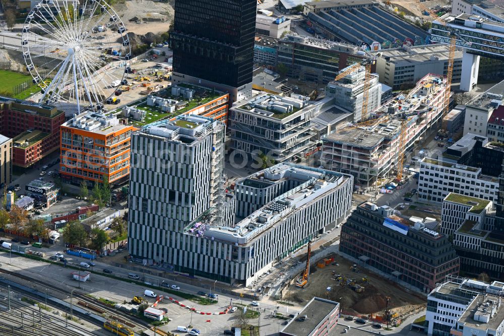 München from above - Construction site for new high-rise building complex on Friedenstrasse in Werksviertel in the district Berg am Laim in Munich in the state Bavaria, Germany