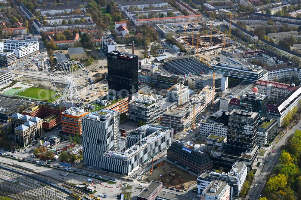 München from the bird's eye view: Construction site for new high-rise building complex on Friedenstrasse in Werksviertel in the district Berg am Laim in Munich in the state Bavaria, Germany