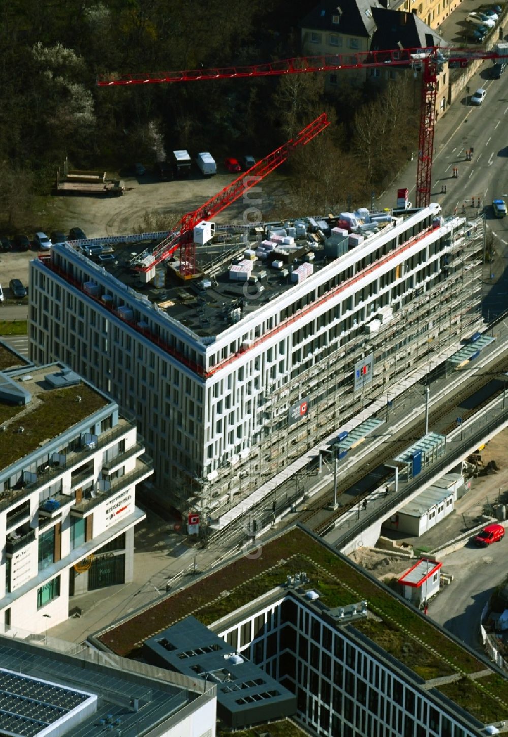 Aerial photograph Stuttgart - New construction site the hotel complex Budapester Platz corner Wolframstrasse in the district Europaviertel in Stuttgart in the state Baden-Wuerttemberg, Germany