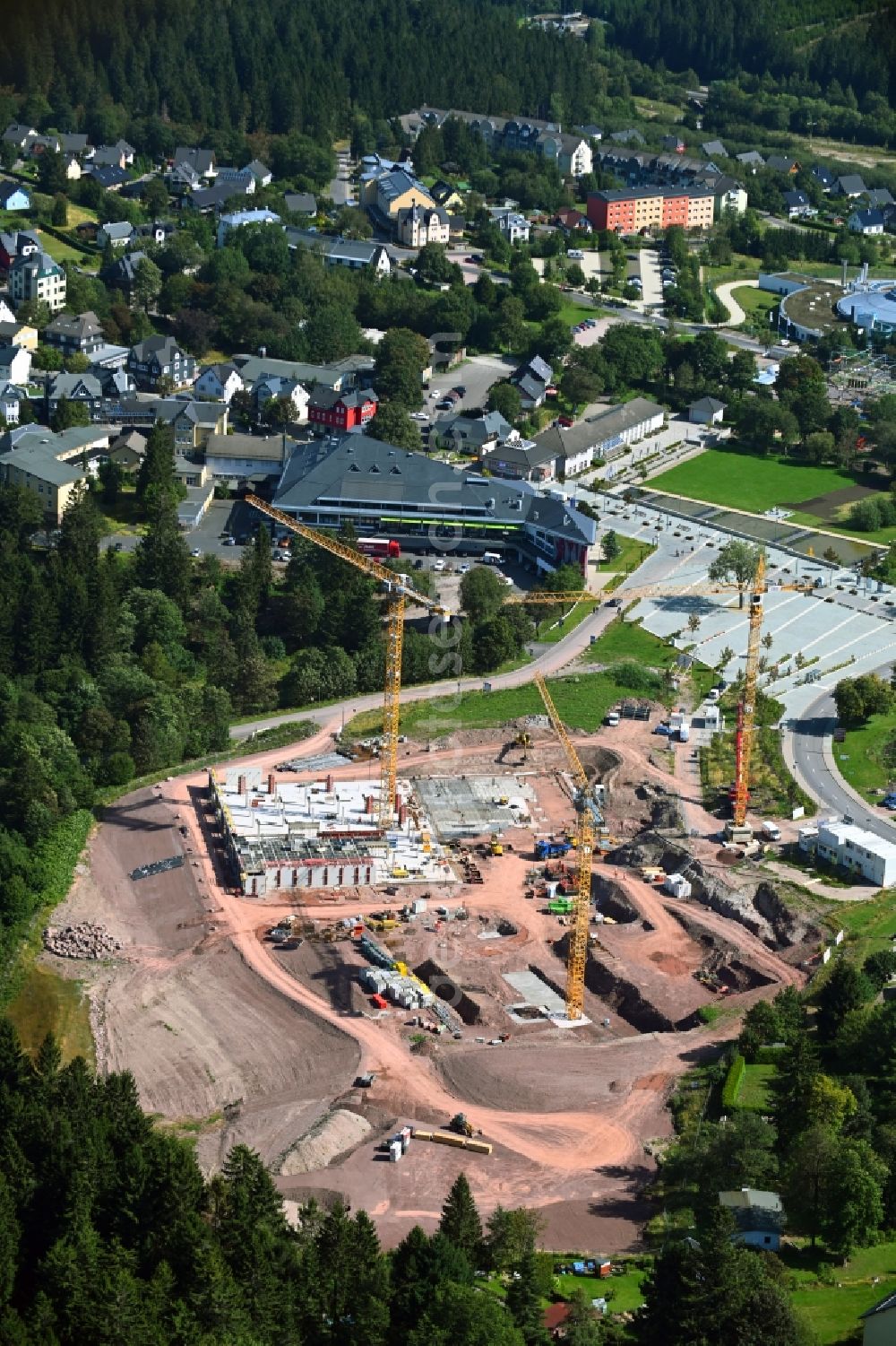 Aerial image Oberhof - New construction site the hotel complex of The Grand Green - Familux Resort on Tambacher Strasse in Oberhof in the state Thuringia, Germany