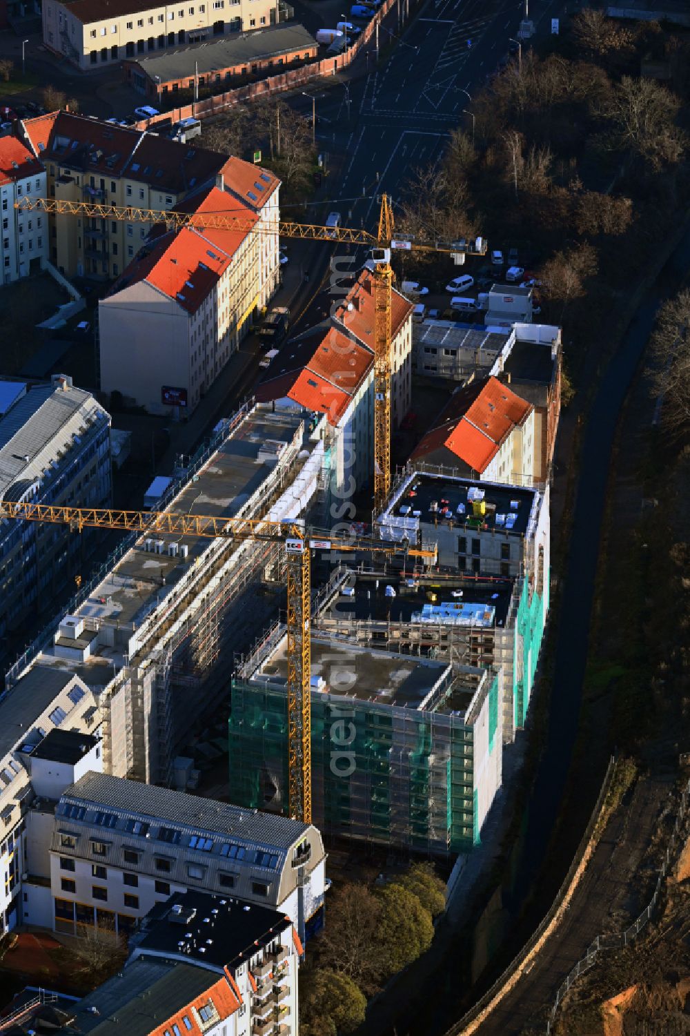 Aerial image Leipzig - New construction site the hotel complex Hotel and Co-Living on street Berliner Strasse in Leipzig in the state Saxony, Germany