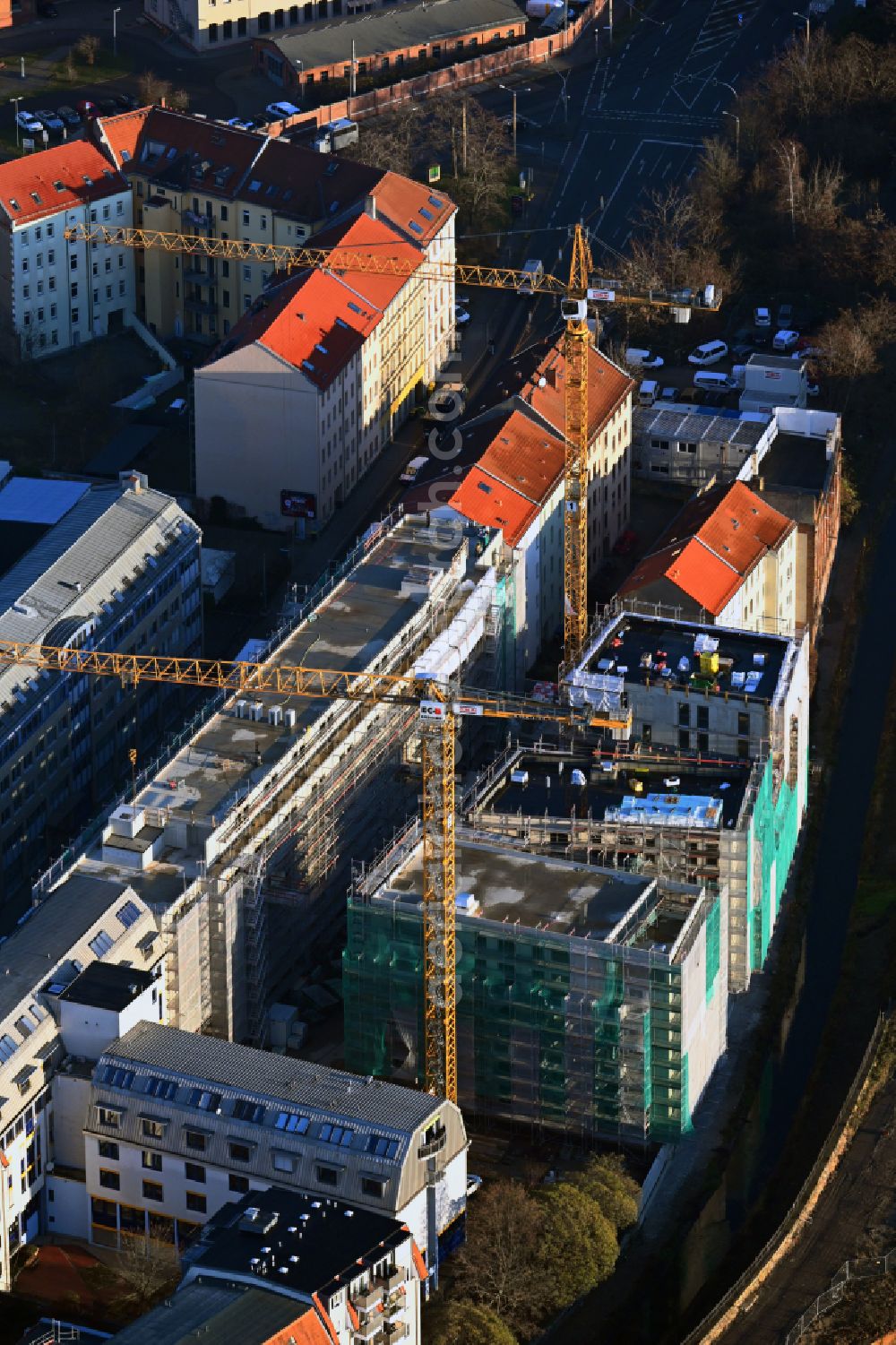 Aerial photograph Leipzig - New construction site the hotel complex Hotel and Co-Living on street Berliner Strasse in Leipzig in the state Saxony, Germany