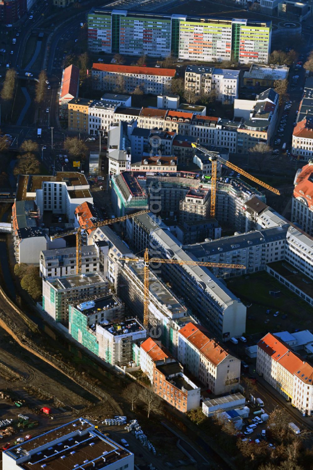 Aerial photograph Leipzig - New construction site the hotel complex Hotel and Co-Living on street Berliner Strasse in Leipzig in the state Saxony, Germany