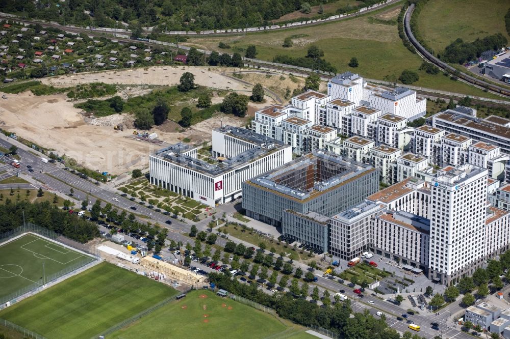 Aerial image München - New construction site the hotel complex H2 Hotel Muenchen Olympiapark on Moosacher Strasse in the district Milbertshofen-Am Hart in Munich in the state Bavaria, Germany