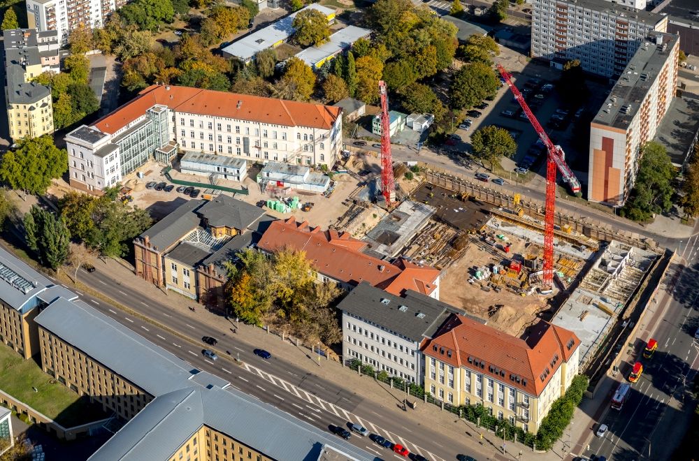 Aerial image Magdeburg - New construction site the hotel complex Julius-Bremer-Strasse - Max-Otten-Strasse - Otto-von-Guericke-Strasse in Magdeburg in the state Saxony-Anhalt, Germany