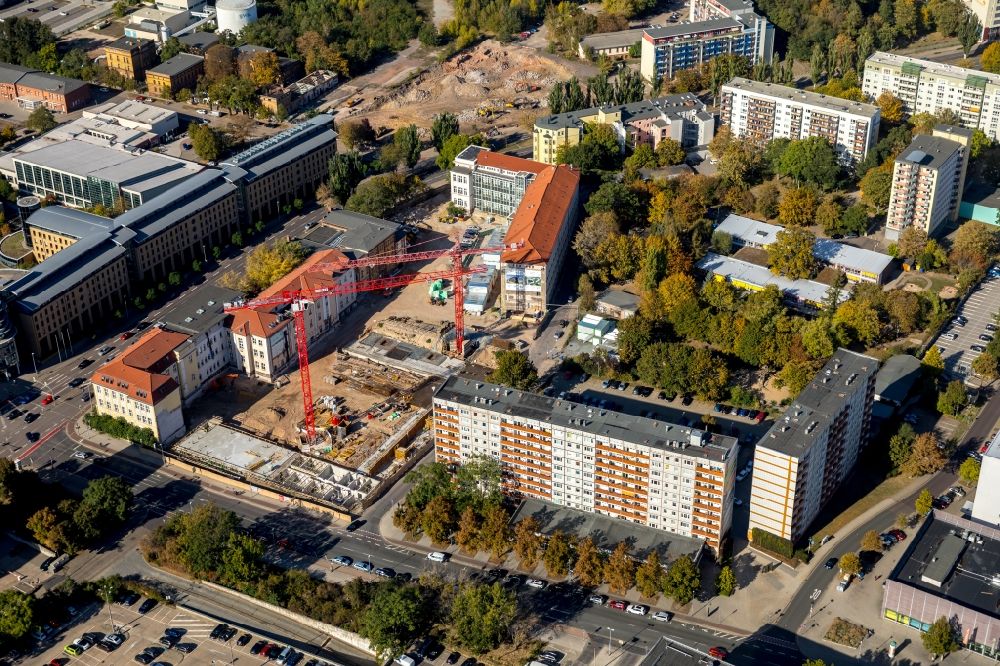 Magdeburg from above - New construction site the hotel complex Julius-Bremer-Strasse - Max-Otten-Strasse - Otto-von-Guericke-Strasse in Magdeburg in the state Saxony-Anhalt, Germany