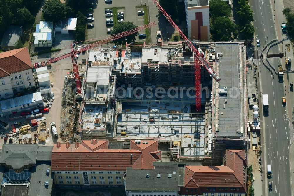 Magdeburg from above - New construction site the hotel complex Julius-Bremer-Strasse - Max-Otten-Strasse - Otto-von-Guericke-Strasse in Magdeburg in the state Saxony-Anhalt, Germany