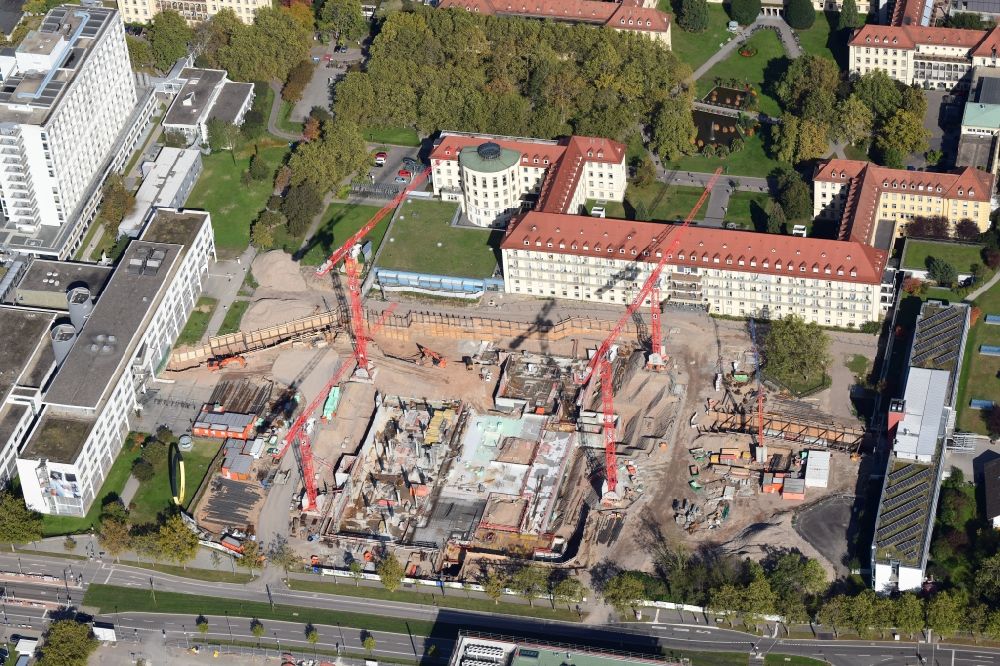 Aerial photograph Freiburg im Breisgau - Construction works for the new and modern cildren`s clinic on the hospital grounds of the University Medical Center in Freiburg in Breisgau in the state Baden-Wurttemberg