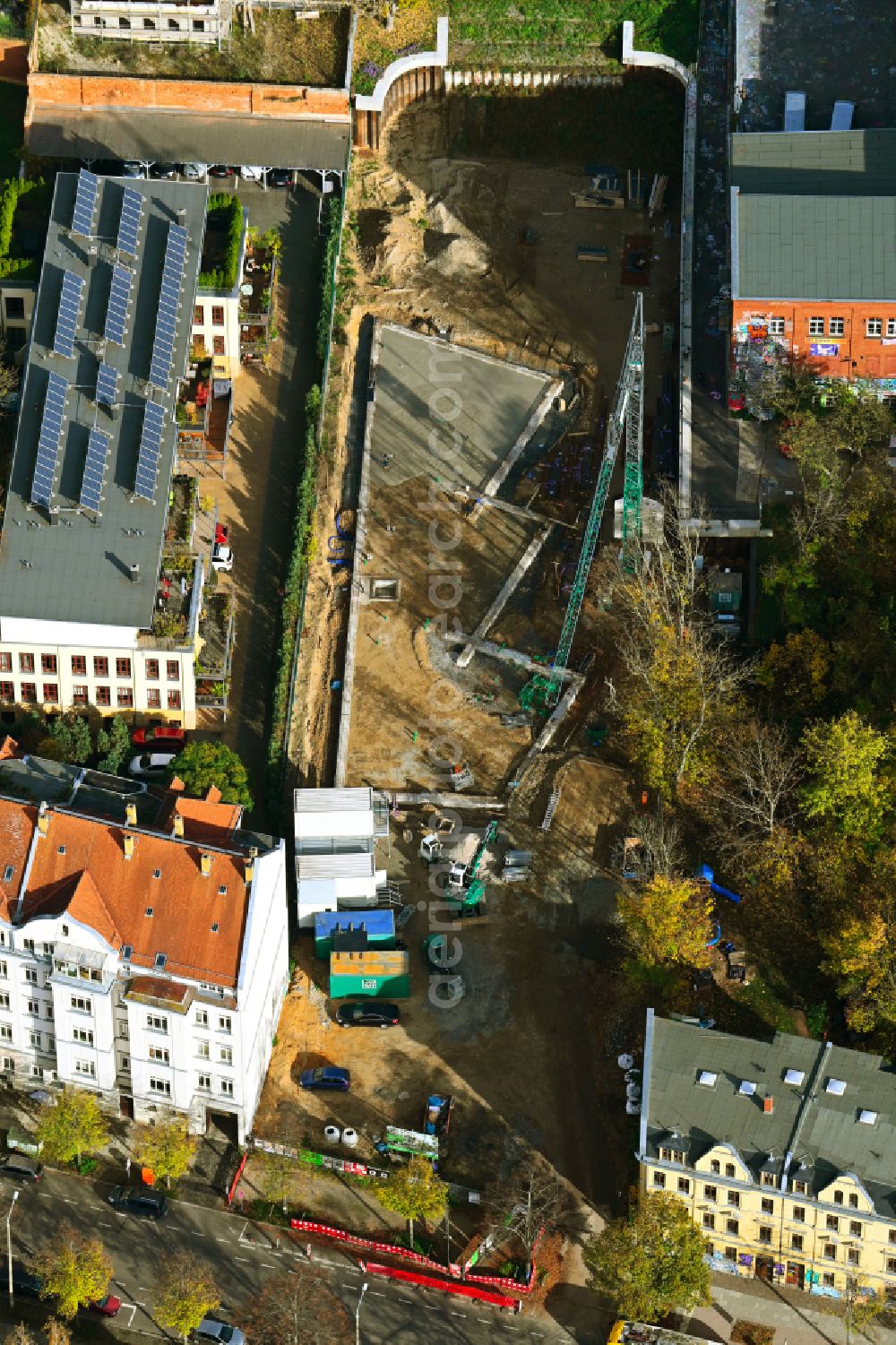 Leipzig from above - Construction site for the new building a children's village center on street Windscheidstrasse in the district Connewitz in Leipzig in the state Saxony, Germany