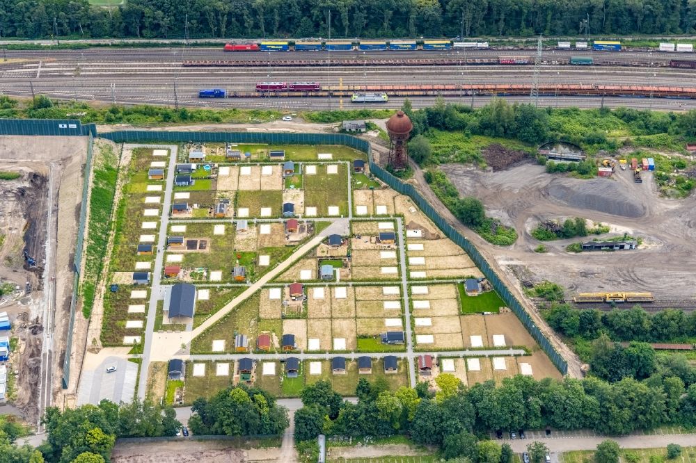 Duisburg from above - Construction site for new building of the allotment gardens and cottage settlement on ehemaligen Rangierbahnhof in the district Wedau in Duisburg at Ruhrgebiet in the state North Rhine-Westphalia, Germany