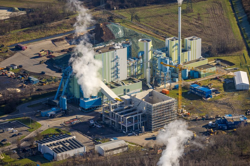 Aerial photograph Lünen - Construction site for the new construction of a sewage sludge drying plant for the existing sewage sludge incineration plant in the district of Brambauer in Luenen in the Ruhr area in the state of North Rhine-Westphalia, Germany