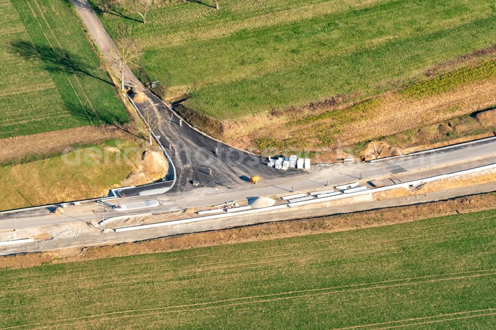 Ettenheim from the bird's eye view: New construction of the road at the roundabout - road Muenchweier-Wallburg in Ettenheim in the state Baden-Wurttemberg, Germany