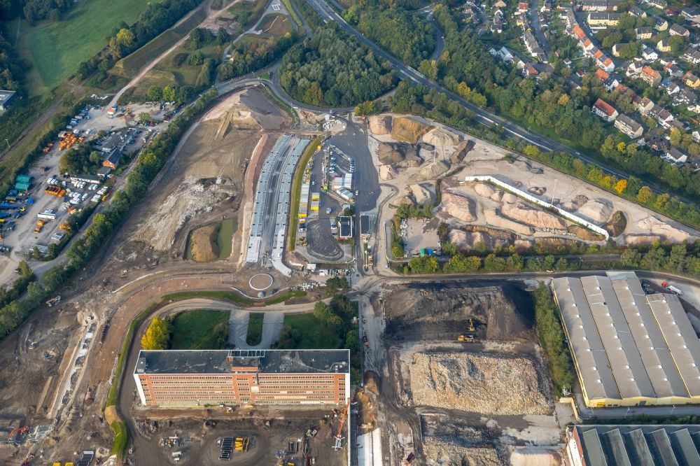 Aerial image Bochum - New construction of the road at the roundabout - road on Opelring in Bochum in the state North Rhine-Westphalia, Germany