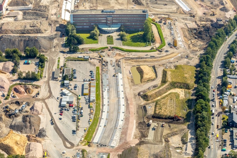 Aerial image Bochum - New construction of the road at the roundabout - road on Opelring in Bochum in the state North Rhine-Westphalia, Germany