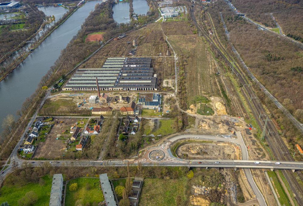 Duisburg from above - New construction of the road at the roundabout - road Wedauer Bruecke in the district Neudorf-Sued in Duisburg at Ruhrgebiet in the state North Rhine-Westphalia, Germany