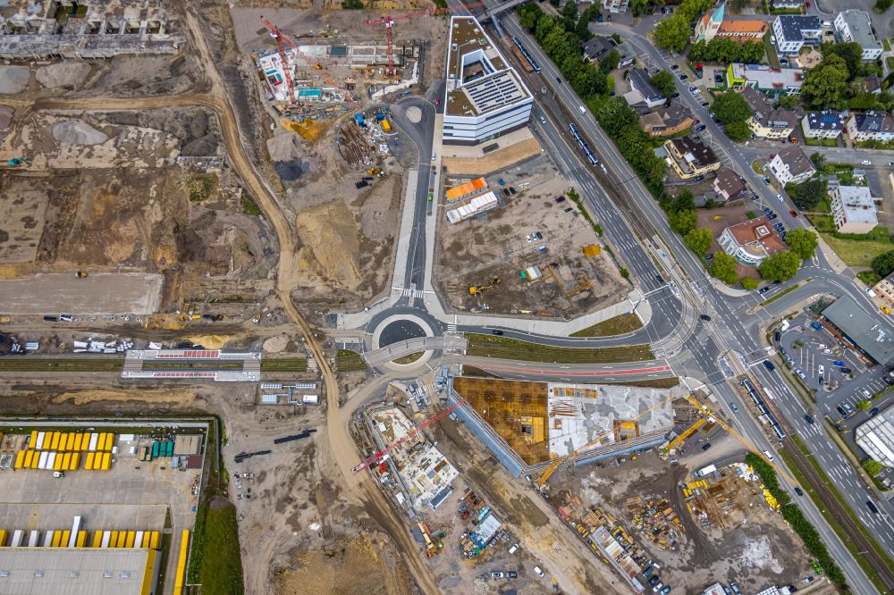Bochum from above - New construction of the road at the roundabout - road on O-Werk Campus in the district Laer in Bochum at Ruhrgebiet in the state North Rhine-Westphalia, Germany