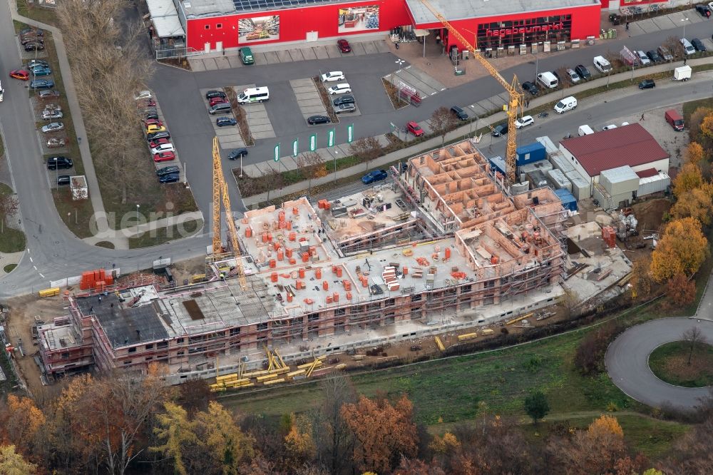 Kelheim from above - Construction site to build a shop, office and residential buildings on Donaupark in Kelheim in the state Bavaria, Germany