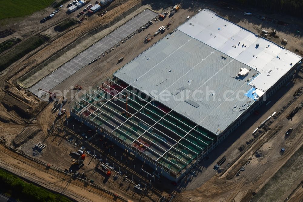 Aerial image Kiekebusch - Construction site for the construction of a logistics center of the Achim Walder retailer Amazon in Kiekebusch in the state of Brandenburg, Germany