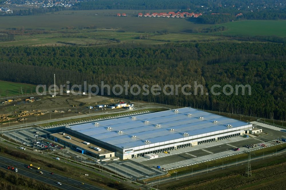 Kiekebusch from above - Construction site for the construction of a logistics center of the Achim Walder retailer Amazon in Kiekebusch in the state of Brandenburg, Germany