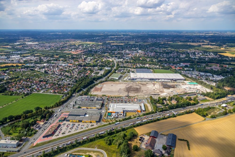 Kamen from the bird's eye view: Construction site for the new construction of a logistics center of P3 Logistic Parks GmbH in Kamen, North Rhine-Westphalia, Germany