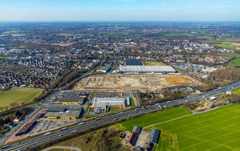 Kamen from above - Construction site for the new construction of a logistics center of P3 Logistic Parks GmbH in Kamen, North Rhine-Westphalia, Germany