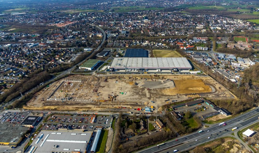 Kamen from the bird's eye view: Construction site for the new construction of a logistics center of P3 Logistic Parks GmbH in Kamen, North Rhine-Westphalia, Germany