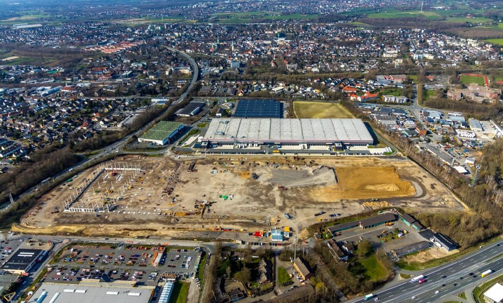 Aerial image Kamen - Construction site for the new construction of a logistics center of P3 Logistic Parks GmbH in Kamen, North Rhine-Westphalia, Germany