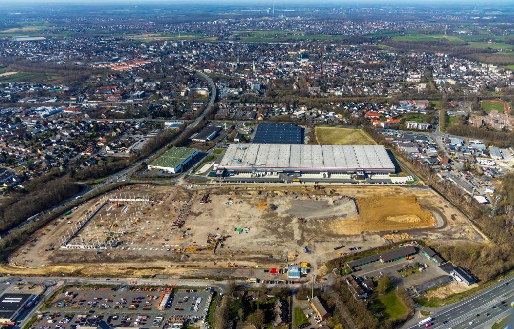 Aerial photograph Kamen - Construction site for the new construction of a logistics center of P3 Logistic Parks GmbH in Kamen, North Rhine-Westphalia, Germany