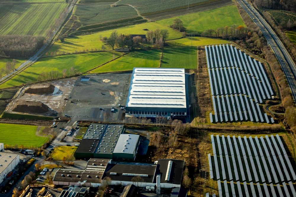Meschede from the bird's eye view: Construction site to build a new building complex on the site of the logistics center of Briloner Leuchten GmbH & Co. KG Am Steinbach in Meschede in the state North Rhine-Westphalia, Germany